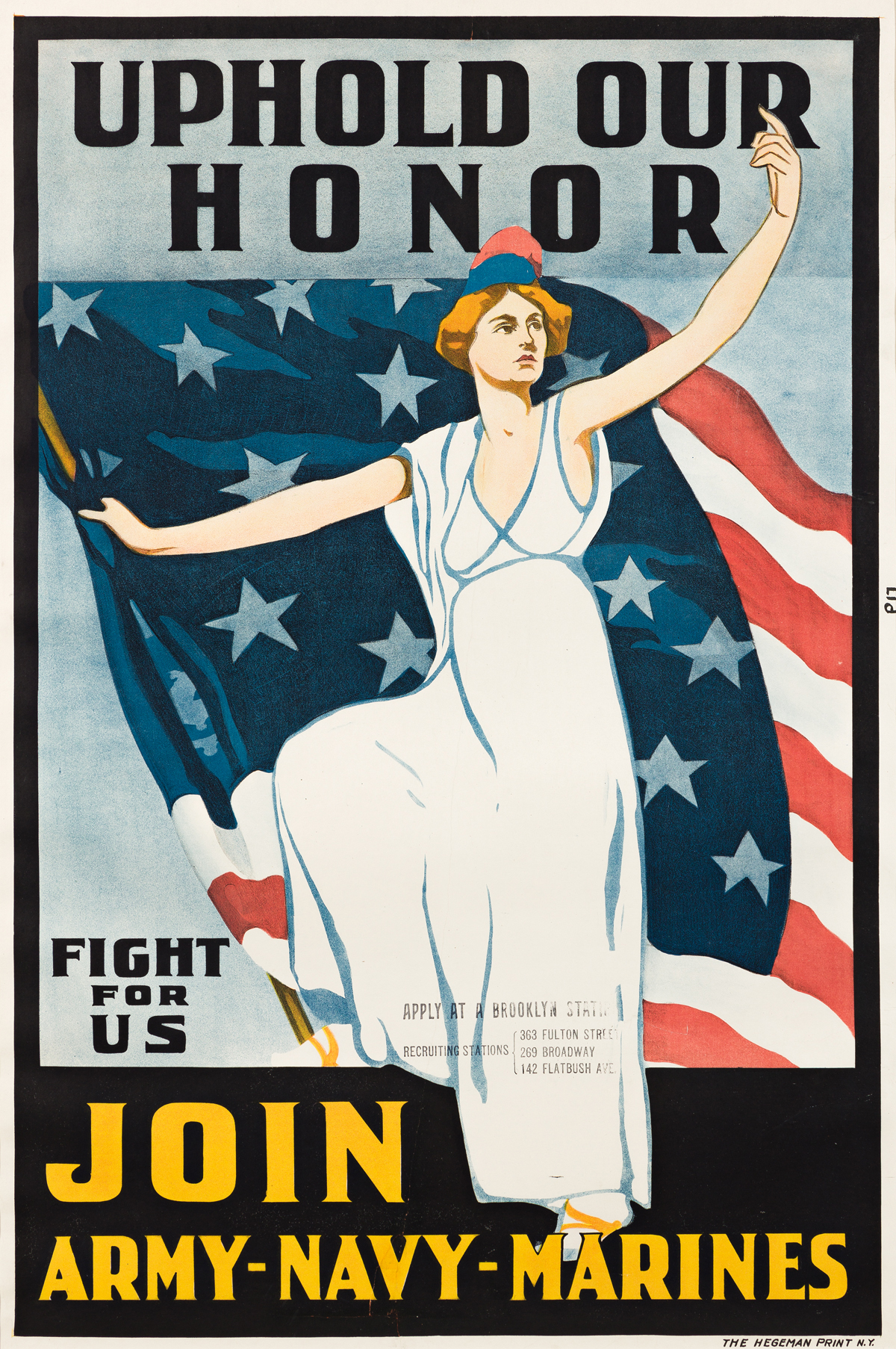 DESIGNER UNKNOWN.  UPHOLD OUR HONOR / JOIN ARMY - NAVY - MARINES. 1917. 39¼x26 inches, 99½x66 cm. The Hegeman Print, [New York.]